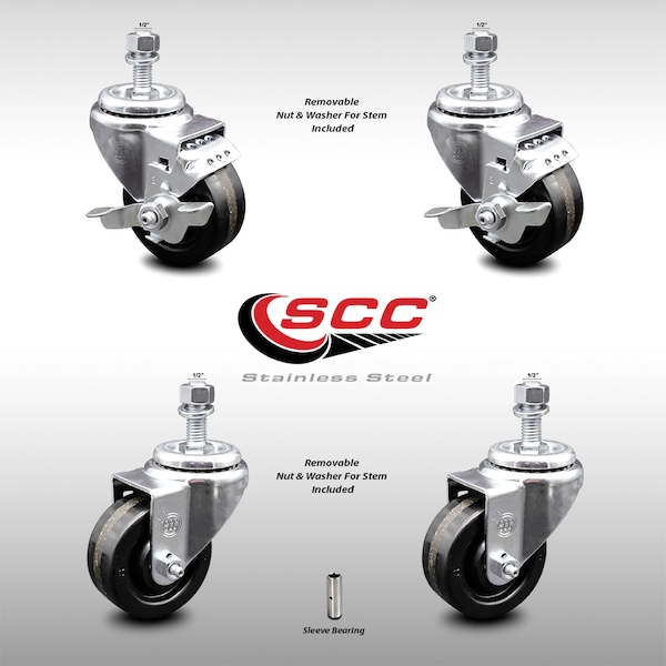 Service Caster 3 Inch SS Phenolic Wheel Swivel 1/2 Inch Threaded Stem Caster Brakes SCC, 2PK SCC-SSTS20S314-PHS-121315-2-TLB-2 - main